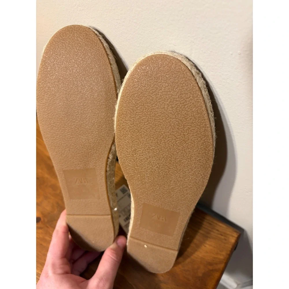 Zara Womens Mesh Espadrille Flats Beige Slip On Jute Shoes Size 39 NEW